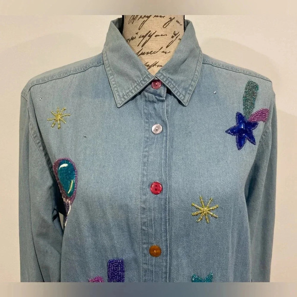 Quacker Factory Vintage Womens Blue Beaded Sequin Denim Button Up Shirt Medium - Picture 2 of 9